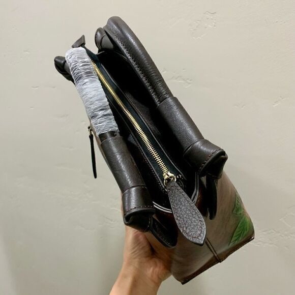 Genuine Distressed Leather Relief Floral & Butterfly Embossed Satchel/Crossbody - Picture 13 of 16